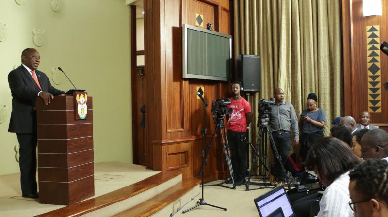 South African President Cyril Ramaphosa declaring a state of disaster after a special cabinet meeting on matters relating to the COVID-19 epidemic at the Union Buildings in Pretoria, on Sunday. AFP Photo