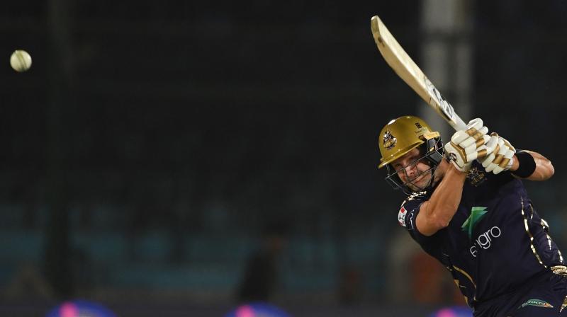 Quetta Gladiators Shane Watson plays a shot during the Pakistan Super League (PSL) T20 match against Karachi Kings at the National Stadium in Karachi on Sunday. AFP Photo