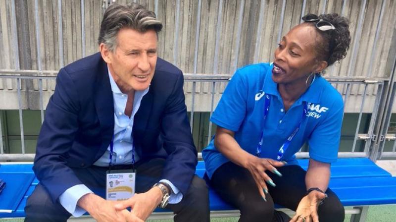 World Athletics president Sebastian Coe with one of all-time great hurdlers Gail Devers.