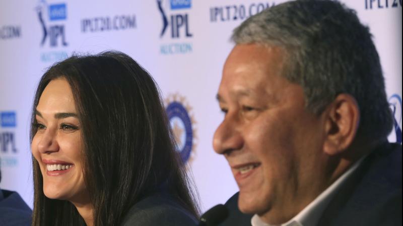 Rajasthan Royals team Chairman Ranjit Barthakur with Bollywood actor and Kings XI Punjab teams co-owner Preity Zinta. AP Photo