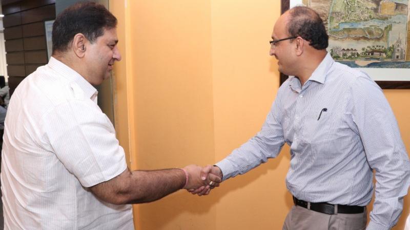 SAI director general Sandip Pradhan with IOA secretary general Rajeev Mehta. DC File Photo