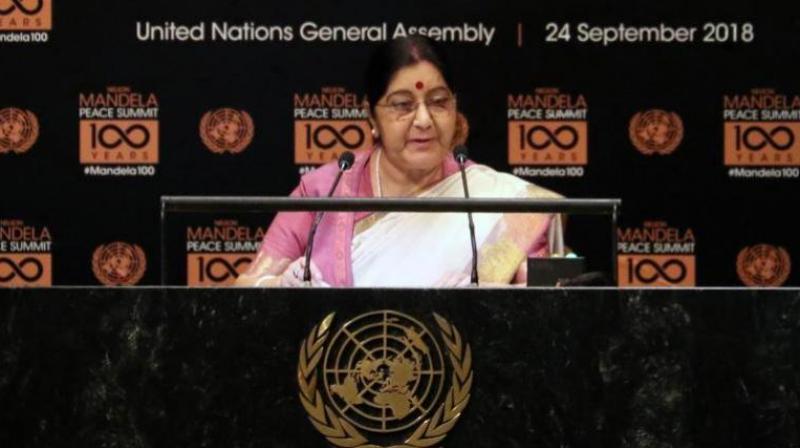 Swaraj attended the high-level event on counter-narcotics hosted by US President Donald Trump and addressed the Nelson Mandela Peace Summit. (Photo: Twitter | @MEAIndia) Swaraj attended the high-level event on counter-narcotics hosted by US President Donald Trump and addressed the Nelson Mandela Peace Summit. (Photo: Twitter | @MEAIndia)