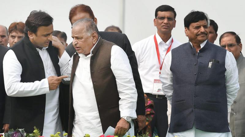 SP supremo Mulayam Singh Yadav, UP CM Akhilesh Yadav and SP's UP chief Shivpal Singh Yadav during a function in Lucknow. (Photo: PTI) SP supremo Mulayam Singh Yadav, UP CM Akhilesh Yadav and SP's UP chief Shivpal Singh Yadav during a function in Lucknow. (Photo: PTI)
