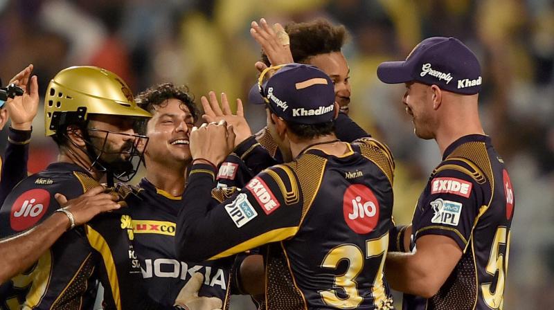 Kolkata Knight Riders’ left-arm chinaman bowler Kuldeep Yadav mopped up the top order with a wicket in each of his four overs to bowl out Rajasthan Royals for 142 in 19 overs. (Photo: AP) Kolkata Knight Riders’ left-arm chinaman bowler Kuldeep Yadav mopped up the top order with a wicket in each of his four overs to bowl out Rajasthan Royals for 142 in 19 overs. (Photo: AP)