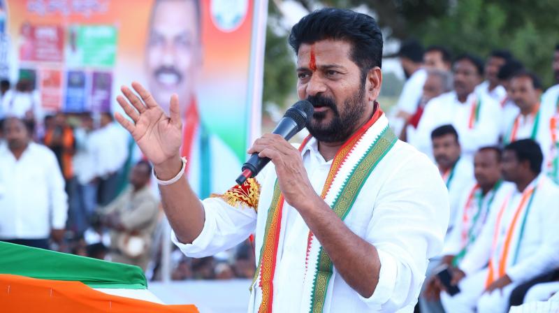 TPCC president Revanth Reddy at a public meeting at Gajwel on Wednesday. (By Arrangement)