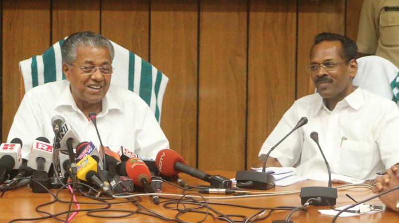 Chief Minister Pinarayi Vijayan announces LDF government’s new liquor policy after the cabinet meeting in Thiruvananthapuram on Thursday. Excise Minister T.P. Ramakrishnan is also seen. (Photo: DC) Chief Minister Pinarayi Vijayan announces LDF government’s new liquor policy after the cabinet meeting in Thiruvananthapuram on Thursday. Excise Minister T.P. Ramakrishnan is also seen. (Photo: DC)