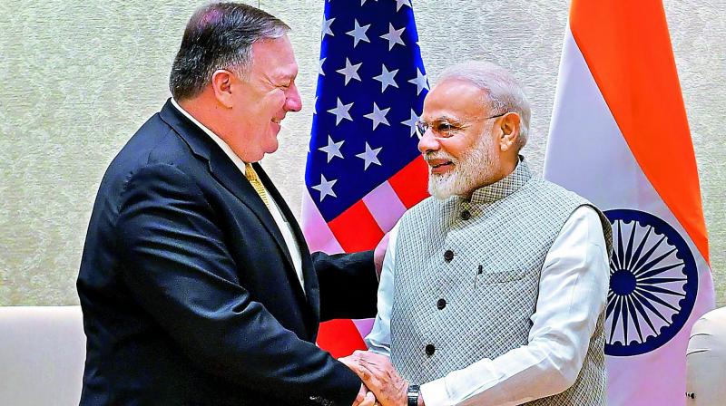 Prime Minister Narendra Modi shakes hands with US Secretary of State Mike Pompeo during a meeting in New Delhi on Wednesday. (PTI) Prime Minister Narendra Modi shakes hands with US Secretary of State Mike Pompeo during a meeting in New Delhi on Wednesday. (PTI)