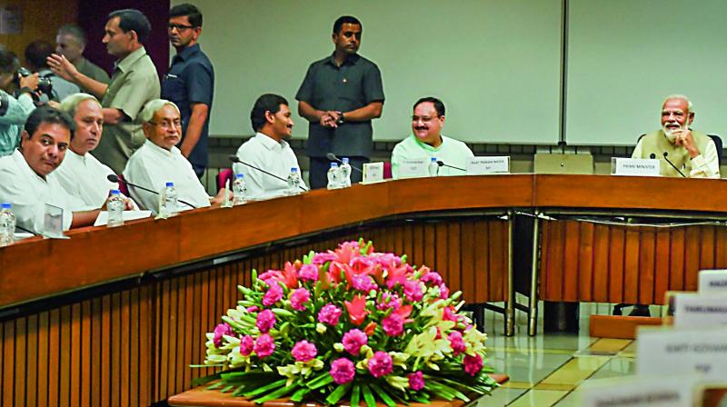 Prime Minister Narendra Modi chairs a meeting of the heads of various political parties in both the Houses of Parliament in New Delhi on Wednesday. (PTI) Prime Minister Narendra Modi chairs a meeting of the heads of various political parties in both the Houses of Parliament in New Delhi on Wednesday. (PTI)