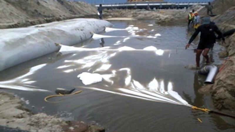 Geo-synthetic tubes filling in LNG petro coast, Puthuvypeen (File pic) Geo-synthetic tubes filling in LNG petro coast, Puthuvypeen (File pic)