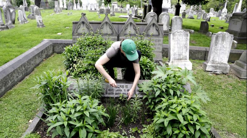Volunteer Jennifer Walker clears an area as she plants on the Keen family plot at the Woodlands Cemetery in Philadelphia. (Photo: AP) Volunteer Jennifer Walker clears an area as she plants on the Keen family plot at the Woodlands Cemetery in Philadelphia. (Photo: AP)