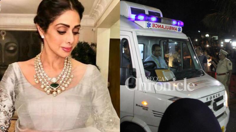 Sridevi's mortal remains arrive in an ambulance at the Kapoor residence on Tuesday. Sridevi's mortal remains arrive in an ambulance at the Kapoor residence on Tuesday.