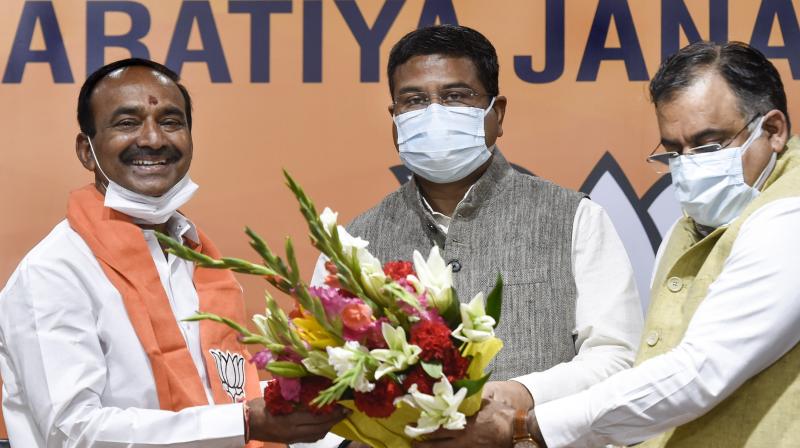 Etala Rajender joined the party in the presence of Union Minister Dharmendra Pradhan. (Photo: PTI)