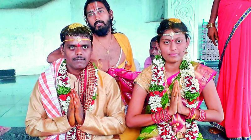 Segyam Sandhya with her husband D. Srikanth at the time of their wedding. Segyam Sandhya with her husband D. Srikanth at the time of their wedding.