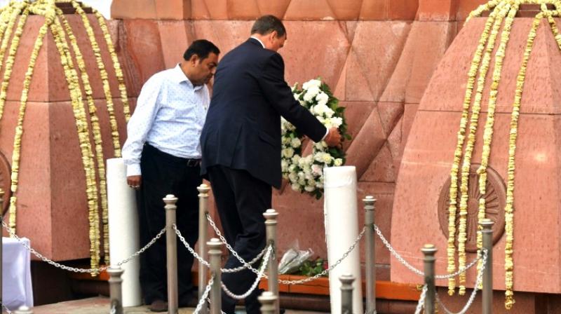 Britain's high commissioner to India laying a wreath on Saturday at the memorial site, on the 100th anniversary of the Jallianwala Bagh massacre. (Photo: AFP) Britain's high commissioner to India laying a wreath on Saturday at the memorial site, on the 100th anniversary of the Jallianwala Bagh massacre. (Photo: AFP)