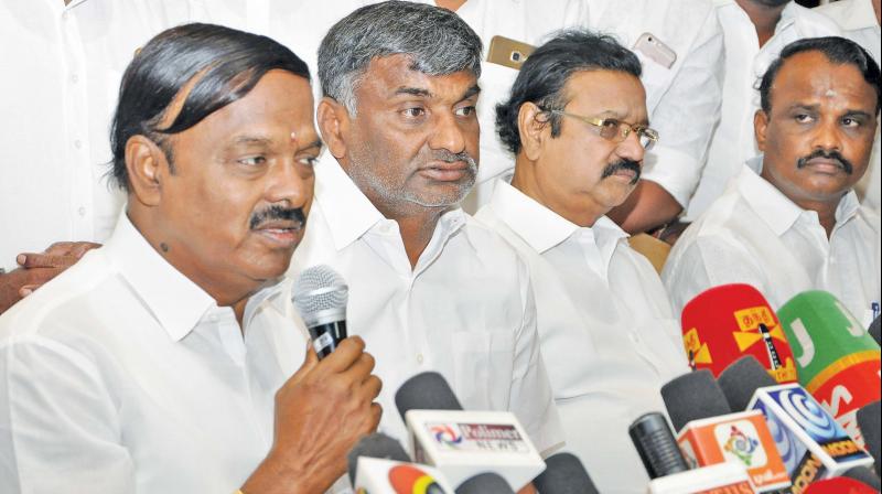NDA alliance candidate A. C. Shanmugham and AIADMK minister for commercial taxes K.C. Veeramani addressing a joint press conference in Vellore on Tuesday.(Photo: K. Senthilnathan) NDA alliance candidate A. C. Shanmugham and AIADMK minister for commercial taxes K.C. Veeramani addressing a joint press conference in Vellore on Tuesday.(Photo: K. Senthilnathan)