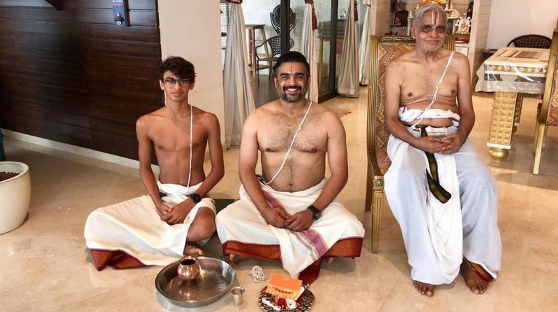 R Madhavan with his father and son. (Photo: Instagram) R Madhavan with his father and son. (Photo: Instagram)