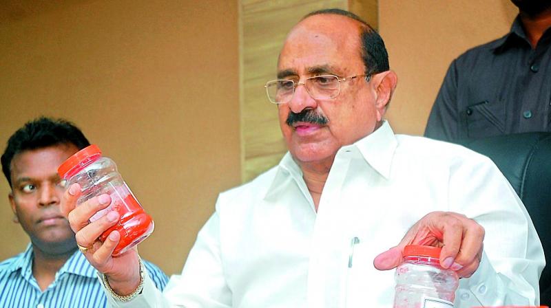 Minister for health Kamineni Srinivas addresses the media on fake chilli powder at NTR University in Vijayawada on Friday. (Photo: DC) Minister for health Kamineni Srinivas addresses the media on fake chilli powder at NTR University in Vijayawada on Friday. (Photo: DC)