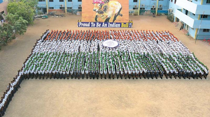 Students of Everwin Vidyashram, Kolathur, stand together to form the national flag on the eve of Republic Day. (Photo: File/DC) Students of Everwin Vidyashram, Kolathur, stand together to form the national flag on the eve of Republic Day. (Photo: File/DC)