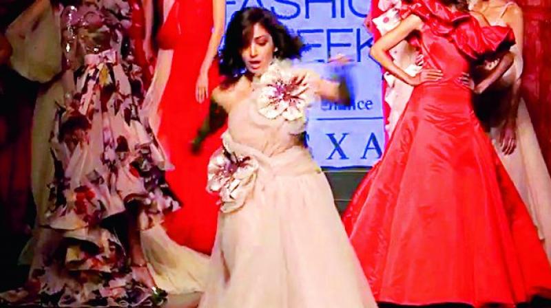 As she was walking the ramp on the first day of the Lakme Fashion Week, Yami Gautam tripped and almost fell. As she was walking the ramp on the first day of the Lakme Fashion Week, Yami Gautam tripped and almost fell.