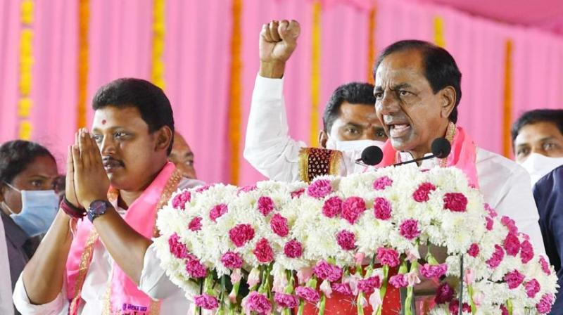 TRS leaders claimed that the huge size of Chief Minister K Chandrashekar Raos public meeting at Halia on Wednesday boosted the chances of the TRS in the by-poll. (Photo: Twitter @trspartyonline)