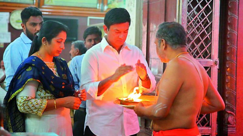 TRS candidate from the Malkajgiri Lok Sabha constituency Marri Rajasekhar Reddy and his wife Mamata seek blessings at a temple in Hyderabad. (Photo: DC) TRS candidate from the Malkajgiri Lok Sabha constituency Marri Rajasekhar Reddy and his wife Mamata seek blessings at a temple in Hyderabad. (Photo: DC)