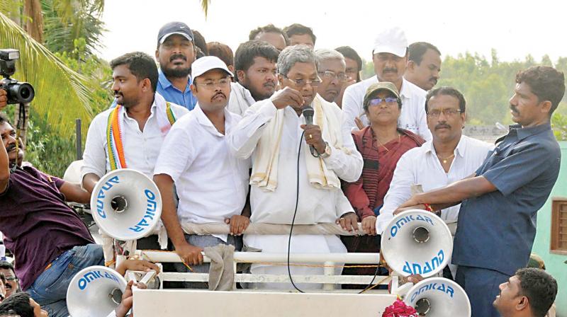Chief Minister Siddaramaiah at Madegowdana Hundi during his campaign in Varuna constituency on Thursday. (Photo:KPN) Chief Minister Siddaramaiah at Madegowdana Hundi during his campaign in Varuna constituency on Thursday. (Photo:KPN)