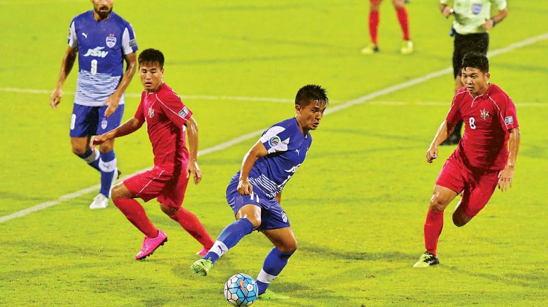 BFC skipper Sunil Chhetri in action during the match against 4.25 SC in Bengaluru. (Photo: SHASHIDHAR. B) BFC skipper Sunil Chhetri in action during the match against 4.25 SC in Bengaluru. (Photo: SHASHIDHAR. B)