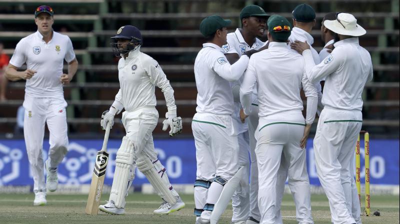 South Africa players celebrate the wicket of Parthiv Patel. (Photo: AP) South Africa players celebrate the wicket of Parthiv Patel. (Photo: AP)