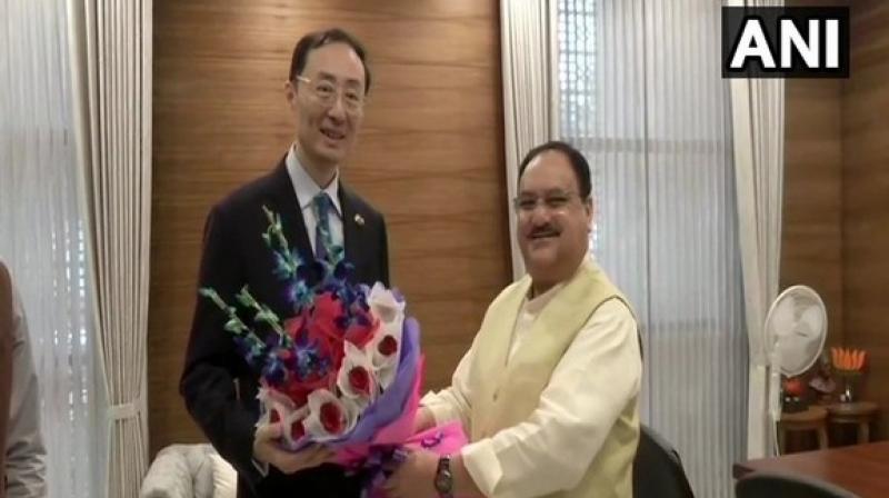 Chinese Ambassador to India, Sun Weidong, met BJP working president JP Nadda in New Delhi. (Photo: ANI) Chinese Ambassador to India, Sun Weidong, met BJP working president JP Nadda in New Delhi. (Photo: ANI)