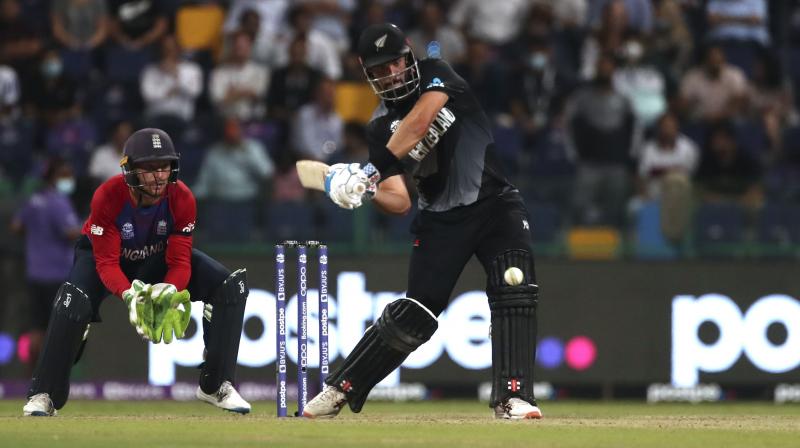 New Zealands Daryl Mitchell bats during the T20 World Cup semifinal match against England in Abu Dhabi on Wednesday. (AP Photo)