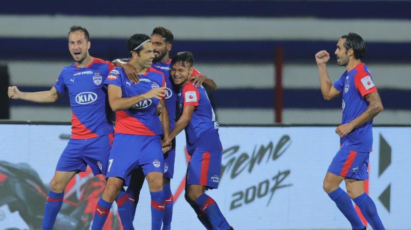The Blues, who were dominant throughout the game at the Sree Kanteerava Stadium, were made to work hard by a resilient NorthEast United who were finally outdone by a 72nd-minute goal from Miku. (Photo: ISL Media) The Blues, who were dominant throughout the game at the Sree Kanteerava Stadium, were made to work hard by a resilient NorthEast United who were finally outdone by a 72nd-minute goal from Miku. (Photo: ISL Media)