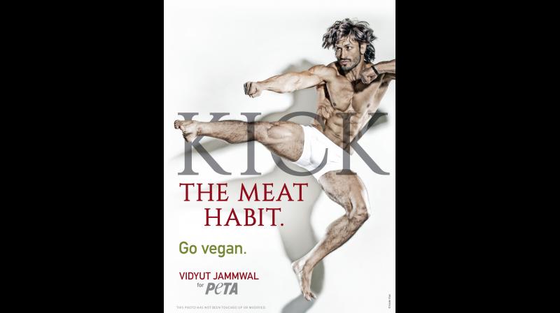 The campaign seems him appearing next to the words "Kick the Meat Habit. Go Vegan." The campaign seems him appearing next to the words "Kick the Meat Habit. Go Vegan."