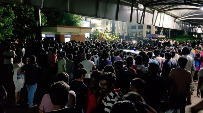 'The man masturbated in front of the woman student in the hostel lift, following which she reported the issue to the authorities,' one of the protesters told news agency PTI. (Photo: Twitter Screengrab | @chirag_aacha) 'The man masturbated in front of the woman student in the hostel lift, following which she reported the issue to the authorities,' one of the protesters told news agency PTI. (Photo: Twitter Screengrab | @chirag_aacha)