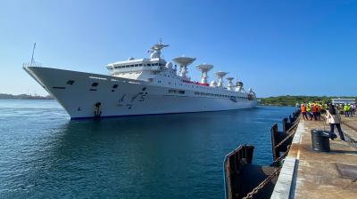 China's research and survey vessel, the Yuan Wang 5, arrives at Hambantota port on August 16, 2022. - A Chinese research vessel entered Sri Lanka's Chinese-run southern port of Hambantota on August 16 despite concerns from India and the US about its activities. (Photo by Ishara S. KODIKARA / AFP)