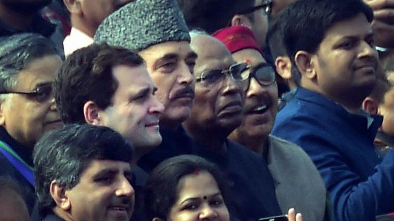 Congress president Rahul Gandhi attended the 69th Republic Day parade on Friday and took the designated seat in the sixth row, prompting an angry reaction from the Opposition. (Photo: PTI) Congress president Rahul Gandhi attended the 69th Republic Day parade on Friday and took the designated seat in the sixth row, prompting an angry reaction from the Opposition. (Photo: PTI)