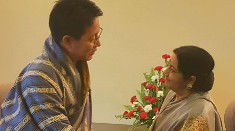 EAM Sushma Swaraj meets with FM of Bhutan Damcho Dorji on sidelines of BIMSTEC Foreign Ministers' meet (Photo: MEA India Twitter) EAM Sushma Swaraj meets with FM of Bhutan Damcho Dorji on sidelines of BIMSTEC Foreign Ministers' meet (Photo: MEA India Twitter)
