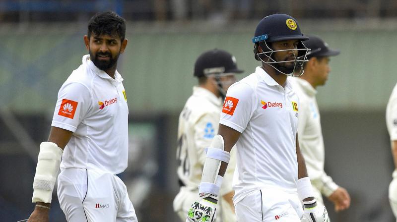Karunaratne was unbeaten on 71 off 168 balls with two boundaries while Thirimanne was on 57 having faced 132 deliveries and hit four fours. (Photo: AFP) Karunaratne was unbeaten on 71 off 168 balls with two boundaries while Thirimanne was on 57 having faced 132 deliveries and hit four fours. (Photo: AFP)