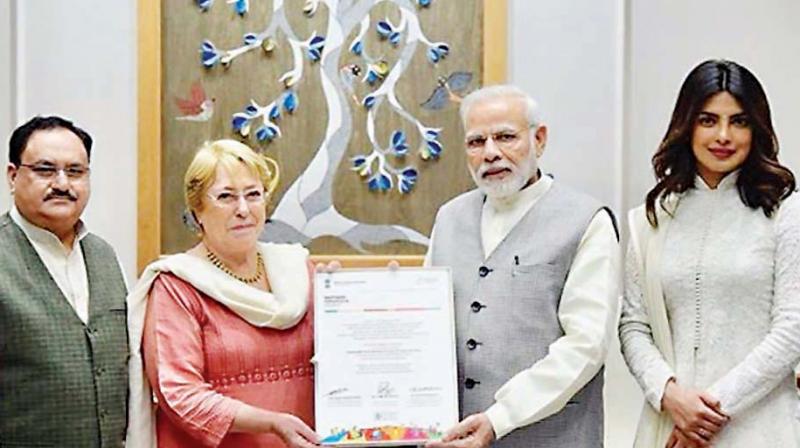 Priyanka Chopra with J.P Nadda, Michelle Bachelet and PM Modi Priyanka Chopra with J.P Nadda, Michelle Bachelet and PM Modi