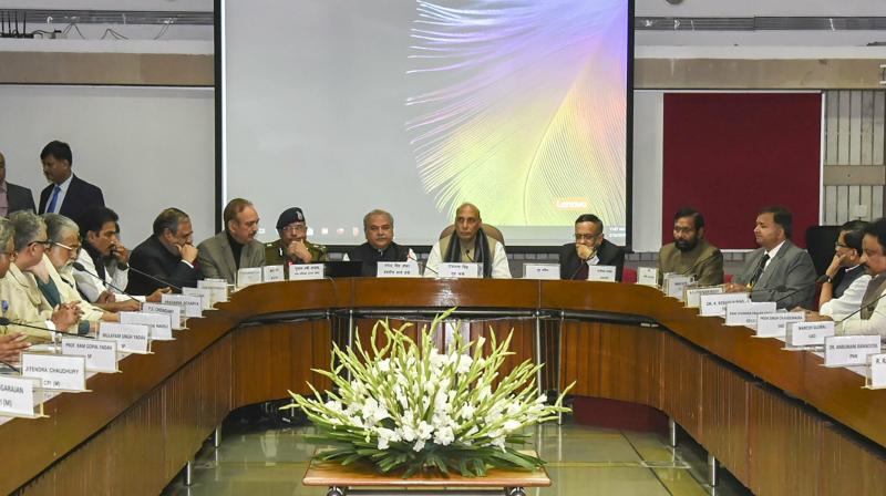 The meeting was convened by Home Minister Rajnath Singh, who was in Kashmir on Friday to take stock of the situation.(Photo: PTI) The meeting was convened by Home Minister Rajnath Singh, who was in Kashmir on Friday to take stock of the situation.(Photo: PTI)