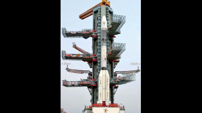 GSLV-F08 at the Umbilical Tower of the Second Launch Pad (ISRO official website) GSLV-F08 at the Umbilical Tower of the Second Launch Pad (ISRO official website)