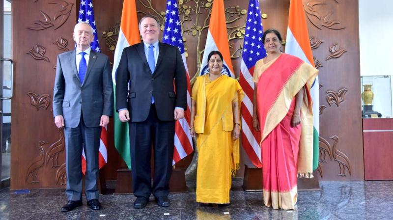 Earlier in the day, Swaraj and Sitharaman held separate meetings with Pompeo and Mattis respectively. (Photo: MEA | Twitter) Earlier in the day, Swaraj and Sitharaman held separate meetings with Pompeo and Mattis respectively. (Photo: MEA | Twitter)