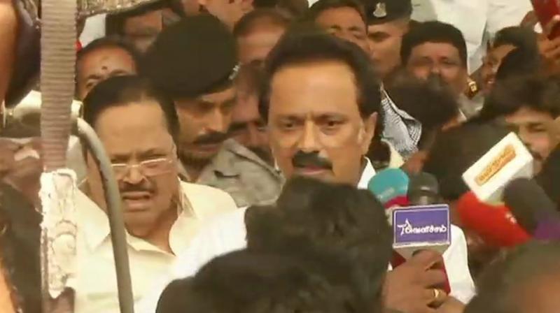 The meeting, the first one to be headed by MK Stalin following his August 28 elevation as party chief, blamed the Centre on issues ranging from demonetisation, Rafale deal, NEET and the prevailing economic situation. (Photo: ANI | Twitter) The meeting, the first one to be headed by MK Stalin following his August 28 elevation as party chief, blamed the Centre on issues ranging from demonetisation, Rafale deal, NEET and the prevailing economic situation. (Photo: ANI | Twitter)