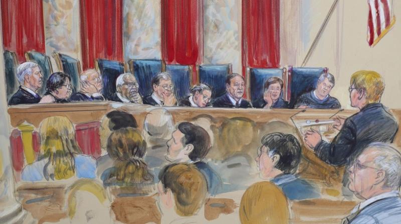 This courtroom sketch depicts Attorney Brenda G. Bryn, far right standing, speaking in front of from l-r, Associate Justice Neil Gorsuch, Associate Justice Sonia Sotomayor, Associate Justice Stephen Breyer, Associate Justice Clarence Thomas, Chief Justice of the United States John Roberts, Associate Justice Ruth Bader Ginsburg, Associate Justice Samuel Alito Jr., Associate Justice Elena Kagan and Associated Justice Brett Kavanaugh, at the Supreme Court in Washington. (Photo: AP) This courtroom sketch depicts Attorney Brenda G. Bryn, far right standing, speaking in front of from l-r, Associate Justice Neil Gorsuch, Associate Justice Sonia Sotomayor, Associate Justice Stephen Breyer, Associate Justice Clarence Thomas, Chief Justice of the United States John Roberts, Associate Justice Ruth Bader Ginsburg, Associate Justice Samuel Alito Jr., Associate Justice Elena Kagan and Associated Justice Brett Kavanaugh, at the Supreme Court in Washington. (Photo: AP)