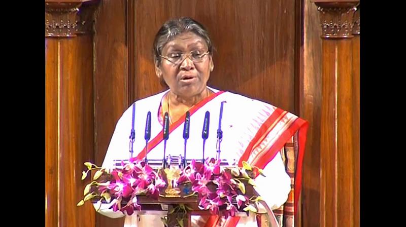 New Delhi: President Droupadi Murmu addresses the joint session of Parliament on the opening day of the Budget Session, in New Delhi, Tuesday, Jan. 31, 2023. (Photo: PTI)