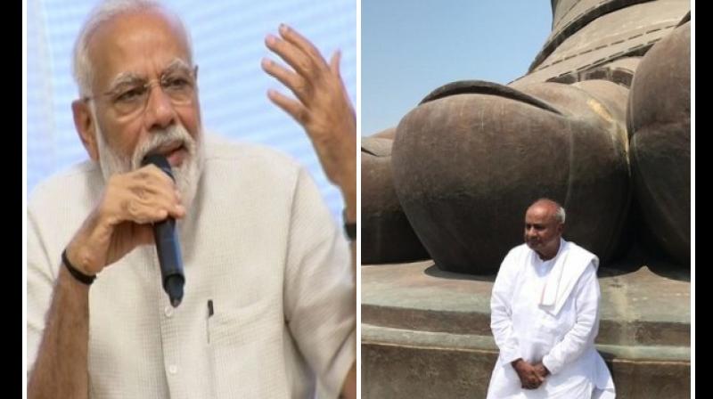 Prime Minister Narendra Modi on Sunday expressed happiness after former Prime Minister H D Deve Gowda visited the Statue of Unity in Gujarat. (Photo: ANI) Prime Minister Narendra Modi on Sunday expressed happiness after former Prime Minister H D Deve Gowda visited the Statue of Unity in Gujarat. (Photo: ANI)