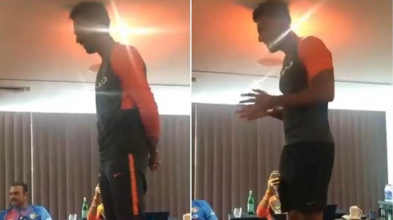 In an epic video going viral on social media, the two cricketers were spotted delivering a “newcomer” speech inside the Indian dressing room. (Photo: Twitter) In an epic video going viral on social media, the two cricketers were spotted delivering a “newcomer” speech inside the Indian dressing room. (Photo: Twitter)