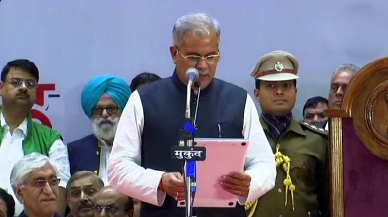Bhupesh Baghel administered oath of office by Governor Anandiben Patel at the ceremony held at an indoor stadium in Raipur. (Photo: ANI) Bhupesh Baghel administered oath of office by Governor Anandiben Patel at the ceremony held at an indoor stadium in Raipur. (Photo: ANI)