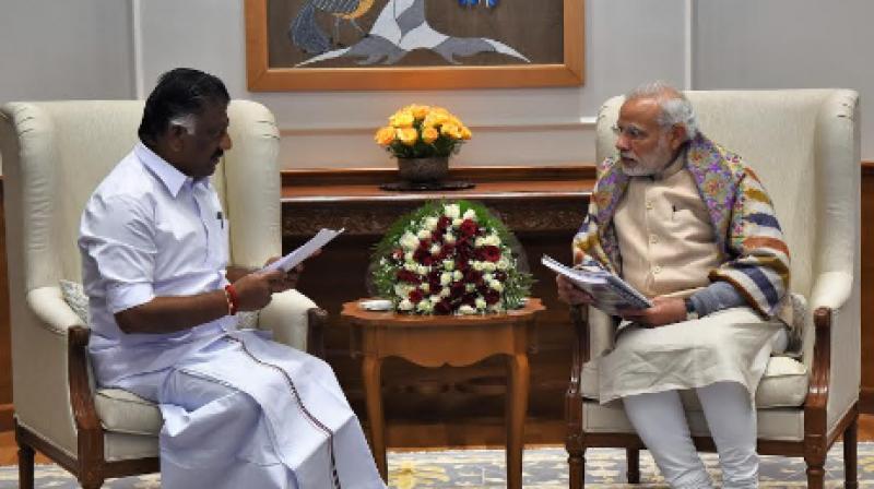 Chief Minister O Panneerselvam on Thursday met Prime Minister Narendra Modi over Jallikattu row. (Photo: AIADMK/Twitter) Chief Minister O Panneerselvam on Thursday met Prime Minister Narendra Modi over Jallikattu row. (Photo: AIADMK/Twitter)