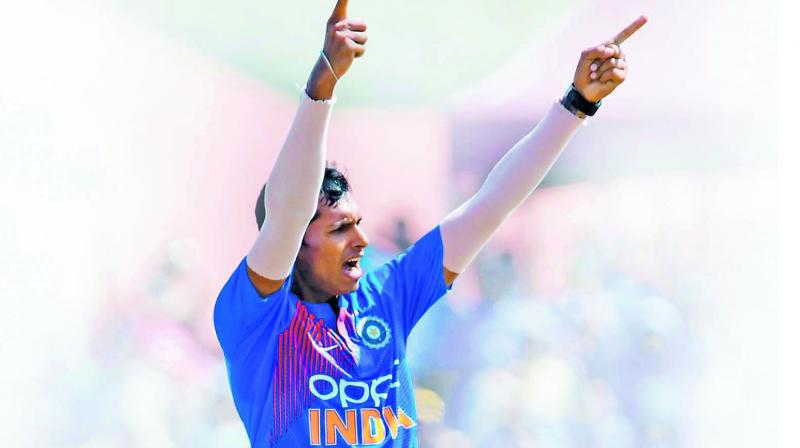 Navdeep Saini celebrates a Windies wicket during the first T20 in Florida. (Photo: AFP) Navdeep Saini celebrates a Windies wicket during the first T20 in Florida. (Photo: AFP)