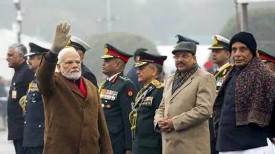 Prime Minister Narendra Modi arrives for the Beating Retreat ceremony at Vijay Chowk (PTI)